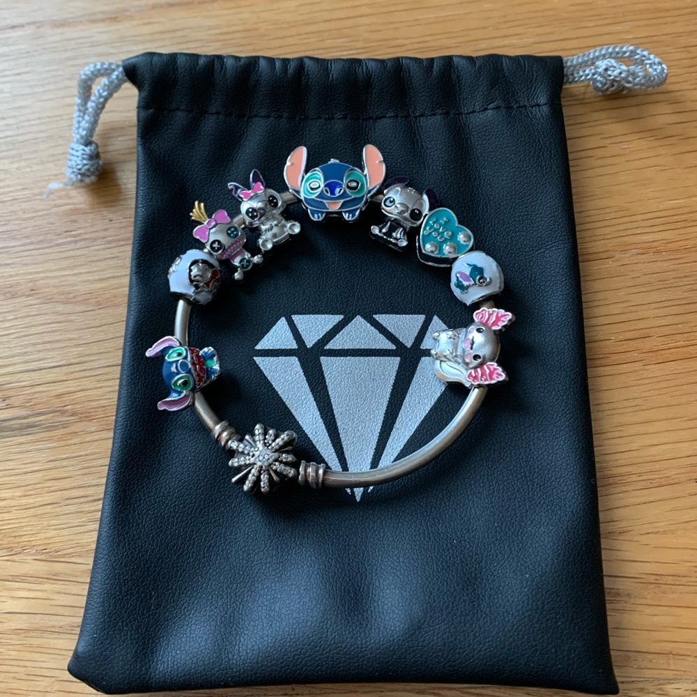 Pandora Fireworks Bangle Bracelet w/ 9 Disney Lilo & Stitch Theme Charms